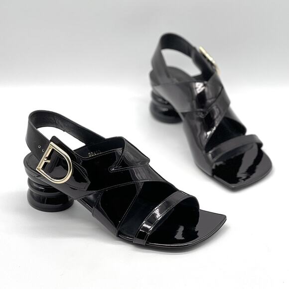 DRIES VAN NOTEN Patent Sculpted Heel Sandal 38 Black Leather Strappy NEW - Picture 1 of 13